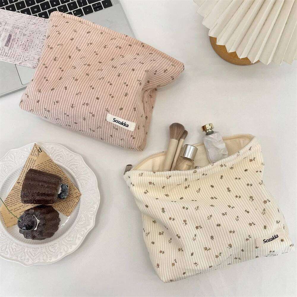 Corduroy Travel Cosmetic Portable Makeup Bag Purses Women Large Capacity Zipper Make Up Organizer Storage Clutch Y260206
