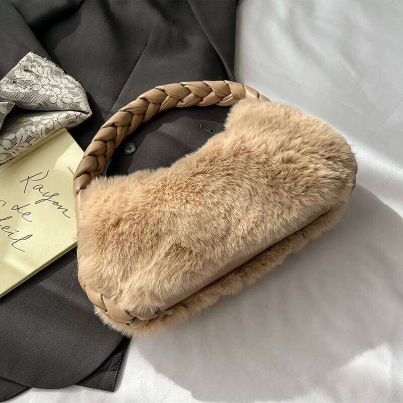 2024 New Furry for Women Fashion Pearl Decor Mini Crossbody Bag Luxury Fluffy Wristlet Tote Handbag Female Gift Y260205