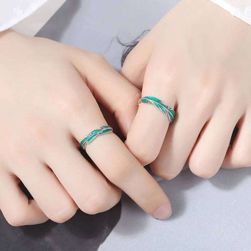 Fashion Irregular Green Leaves Couple Rings For Women Men Lovers Luxury Zircon Silver Color Open Ring Bride Wedding Jewelry Gift W260206