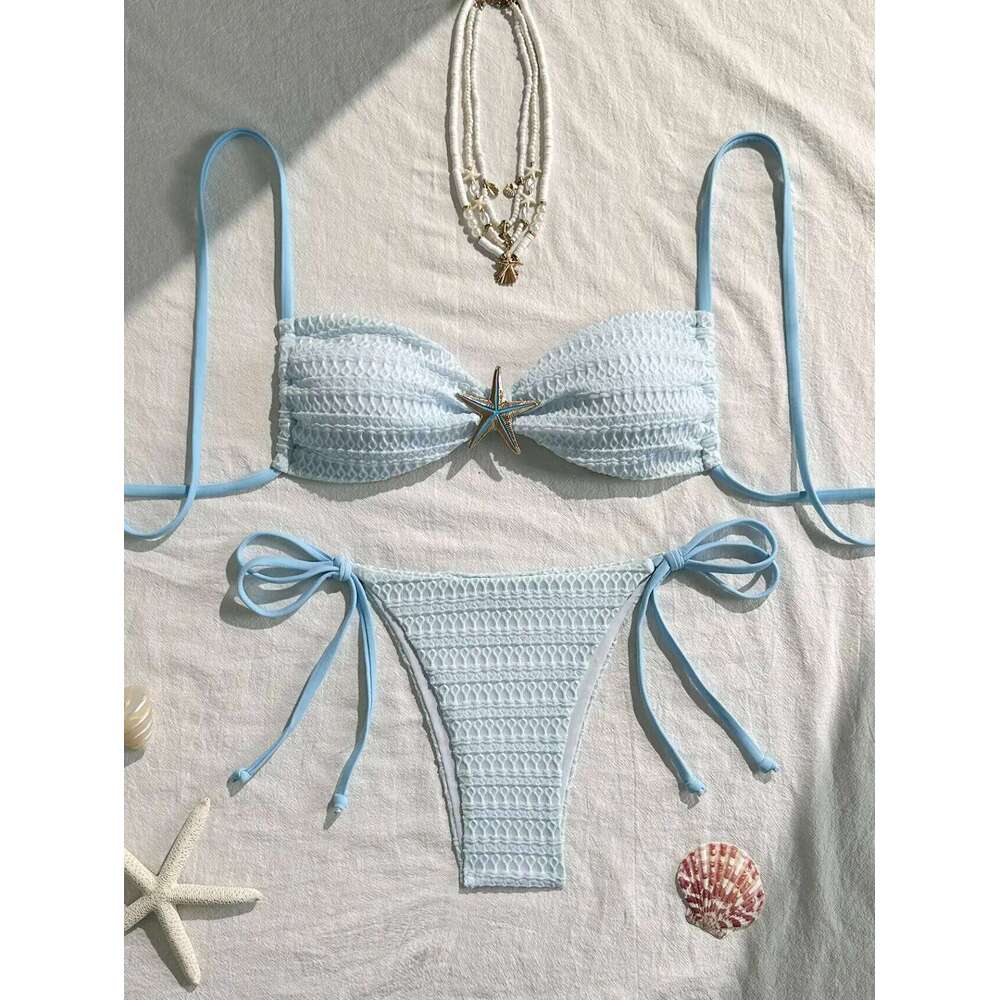 Sexy Sky Blue Micro Bikini 2026 Women Metal Starfish Ornament Pleate Push Up Tie Side Thong Swimsuit Beach Bathing Suit Swimwear Z260206