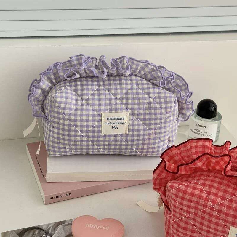 Red White Checkered Makeup Bag with Lace Trim Large Capacity Portable Cosmetic Pouch for Women Travel Y260206
