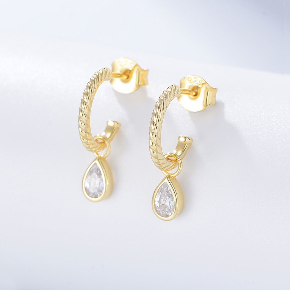 ins classic elegant women's jewelry, S925 sterling silver C-shaped earrings, water drop-shaped zircon earrings