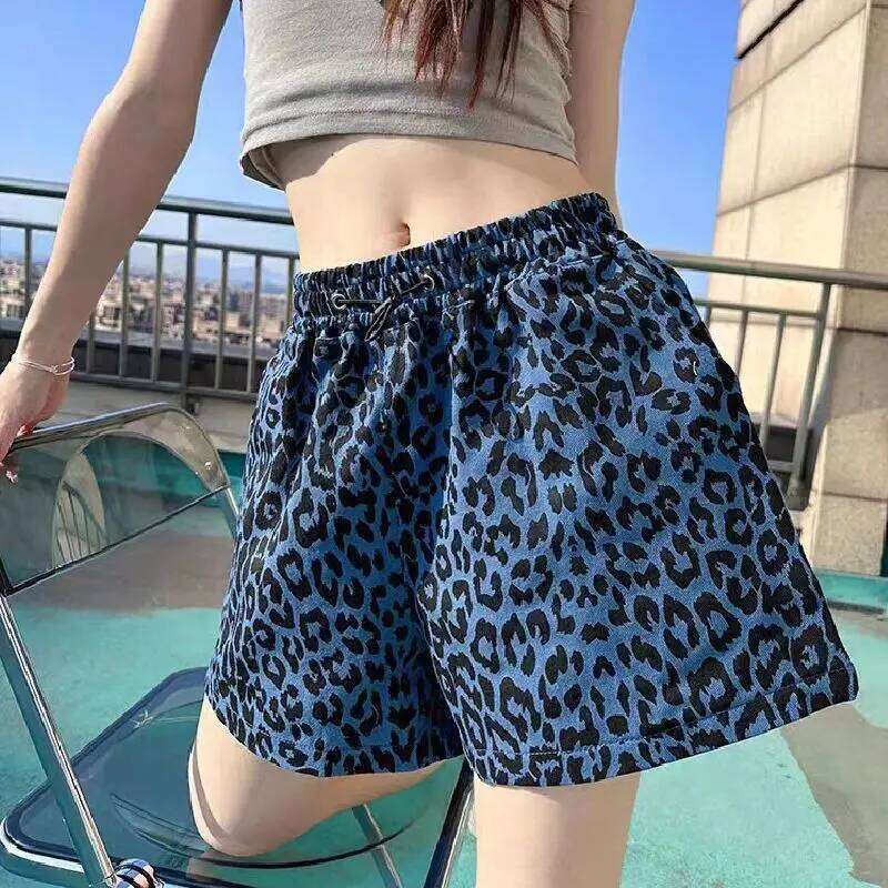 New Summer Blue Leopard Print Shorts for Women Loose Wide-leg Elastic Waist Personality Casual Jeans Hot Pants XJ260206
