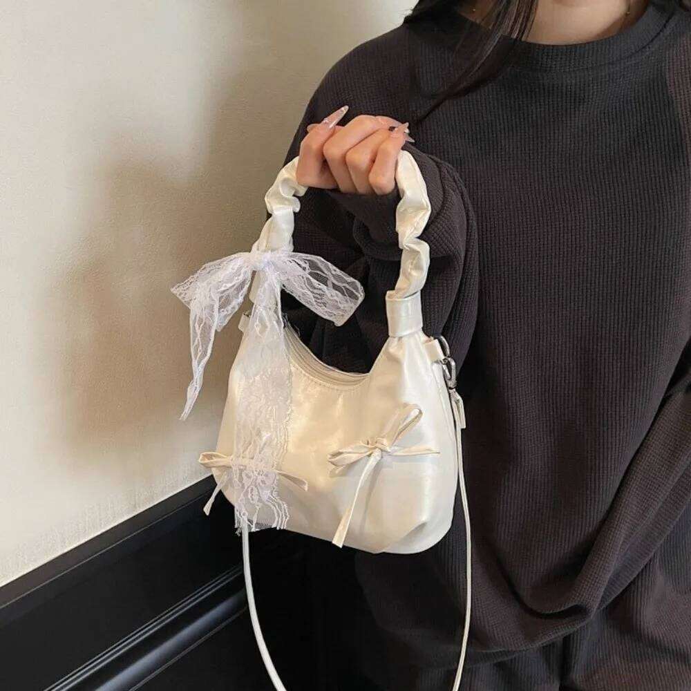 All-match Cloud Evening Handbag Pleated Beige Bow PU Shoulder Korean Style Lace Ribbon Underarm Bag Work Y260205