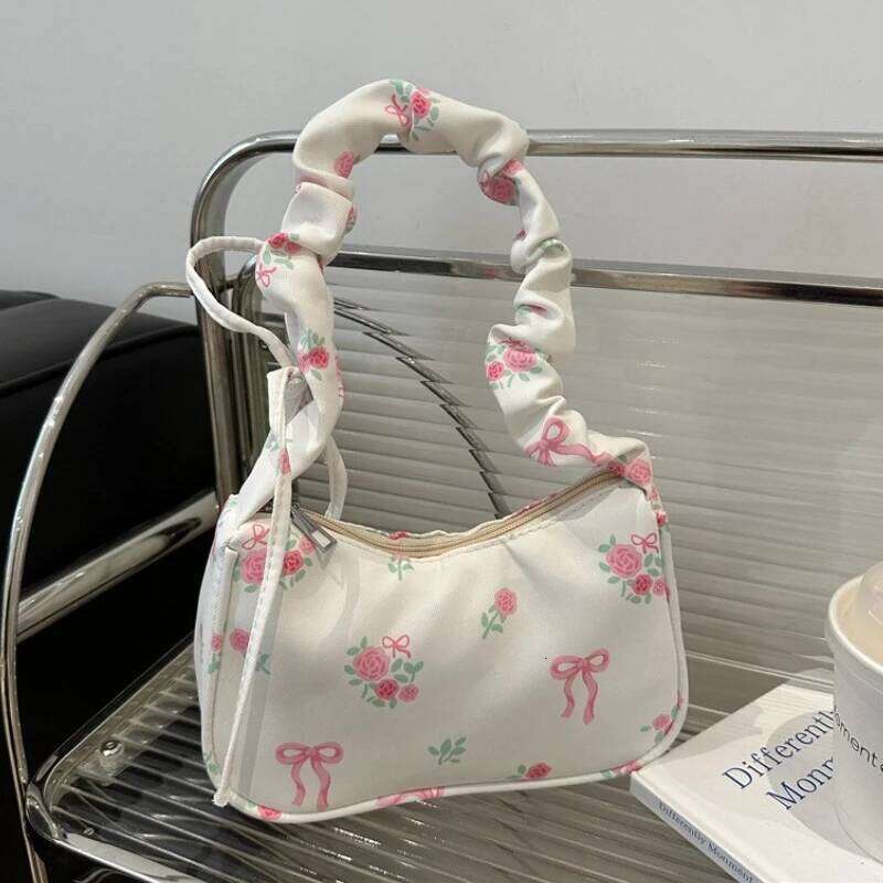 Women's Bags 2026 Summer Canvas Pleated Handbags Armpit Korean Floral Bow Printed Zipper Tote Female Small Shoulder Bag Y260205