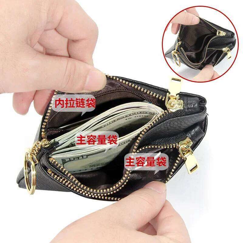 Simple New Top Layer Cowhide European and American Ladies Zipper Purses Leather Key Ring Bag Mini Coin Holder Y260206