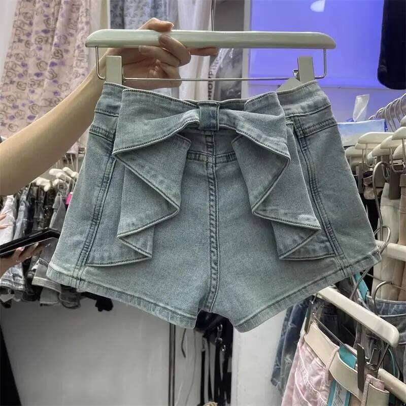 Cute Bow Splicing Denim for Women Summer High Waist Jeans Hip-lifting Hot Pants Booty Shorts C260206