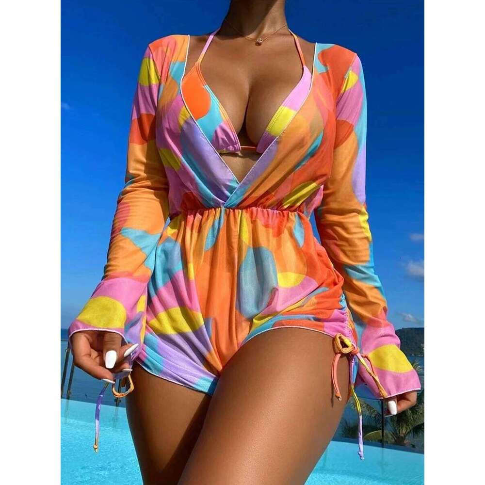 3 Pieces Triangle Halter String Bikini Long Sleeve Swimsuit Women Swimwear Female Bathers Bathing Swimming Swim Suit XJ260206