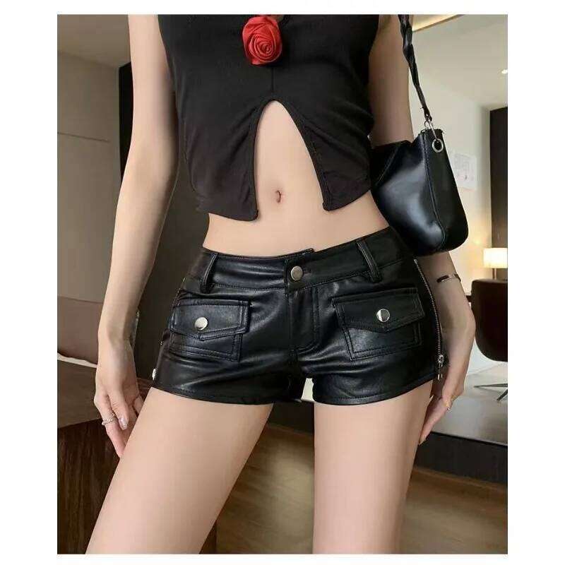 Sexy Black PU Women Low Waist Skinny Leather Hip Wrap Hot Pants Y2k Shorts C260206