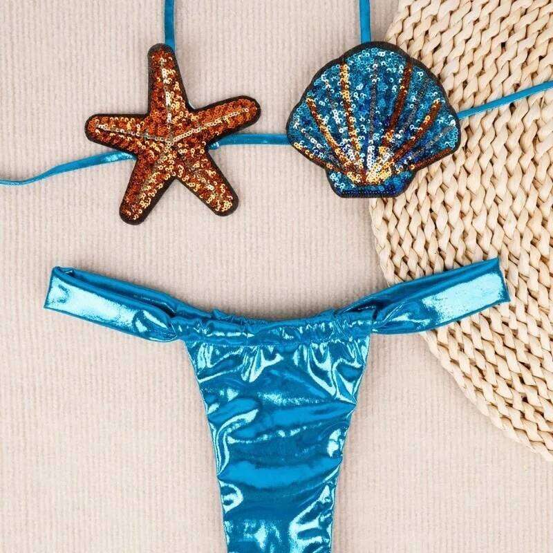 2025 Shiny Sequin Shell Starfish Bikini Set Women Sexy Push Up Pleate Thong Swimsuit Swimwear Brazilian Beach Micro Bathing Suit Z260206