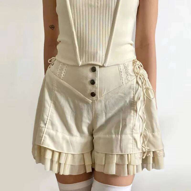 Girls Y2K Lolita Style Cute Sweet Soft Mesh Tiered Ruffle Wide Side Bandage Khaki Shorts Skirt Hot Pants XJ260206