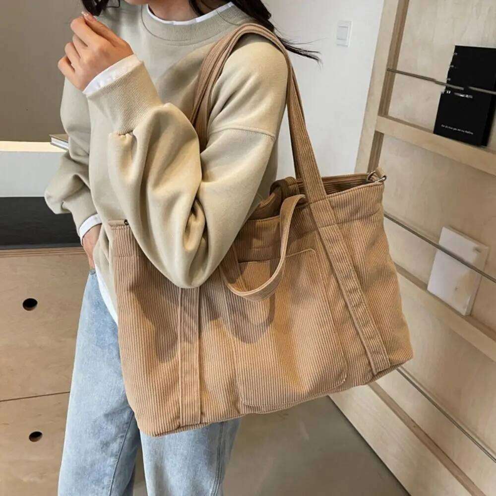 Solid Color Corduroy Shoulder Large Capacity Korean Style Canvas Tote Casual Handbag Crossbody Bag Girls Y260205