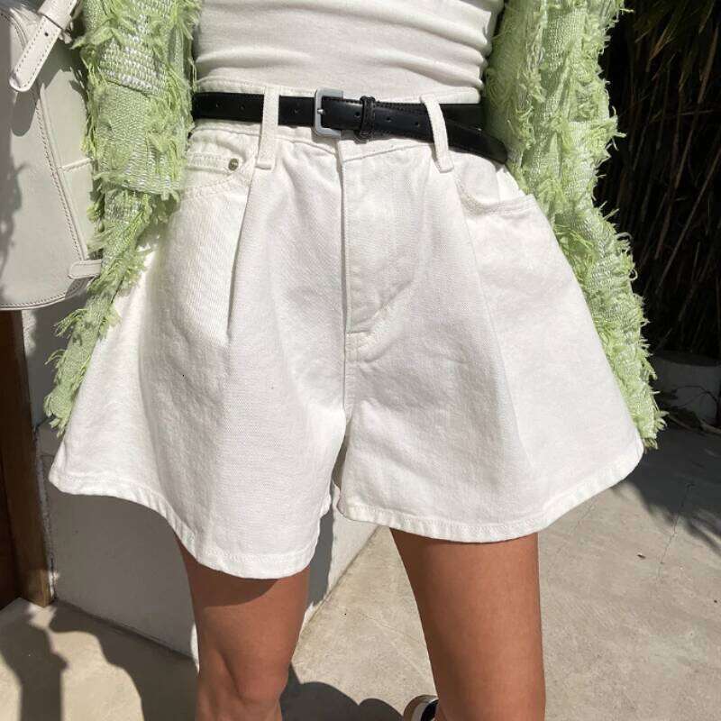 REALEFT Summer Washed High Waist Women's A-line Denim Pocket White 2025 New Casual Loose Wide Leg Jeans Shorts Female XJ260206