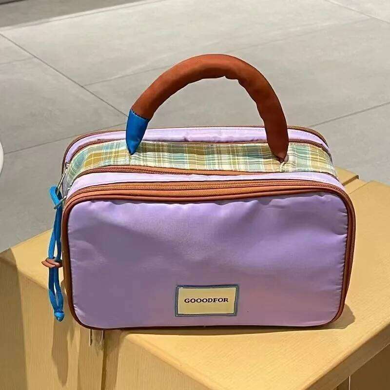 New Cute Women's Splicing Cosmetic Pouch Convenient Travel Cosmetics Storage Large Capacity Handheld Makeup Bag Y260206