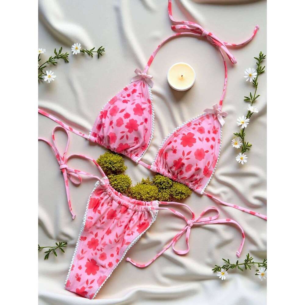 2026 Floral Print Halter Strappy Female Swimsuit Women Swimwear Two-pieces Bikini Set Bow Knotted Bathing Suit Swim Lady XJ260206