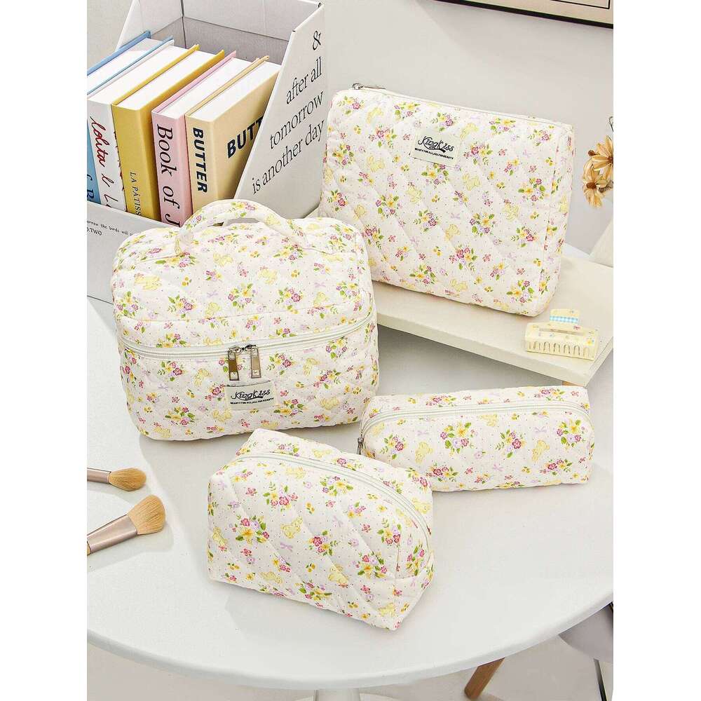 3-pc flower bunny quilted daily travel tool bag, storage handbag, portable makeup brush bag Y260206