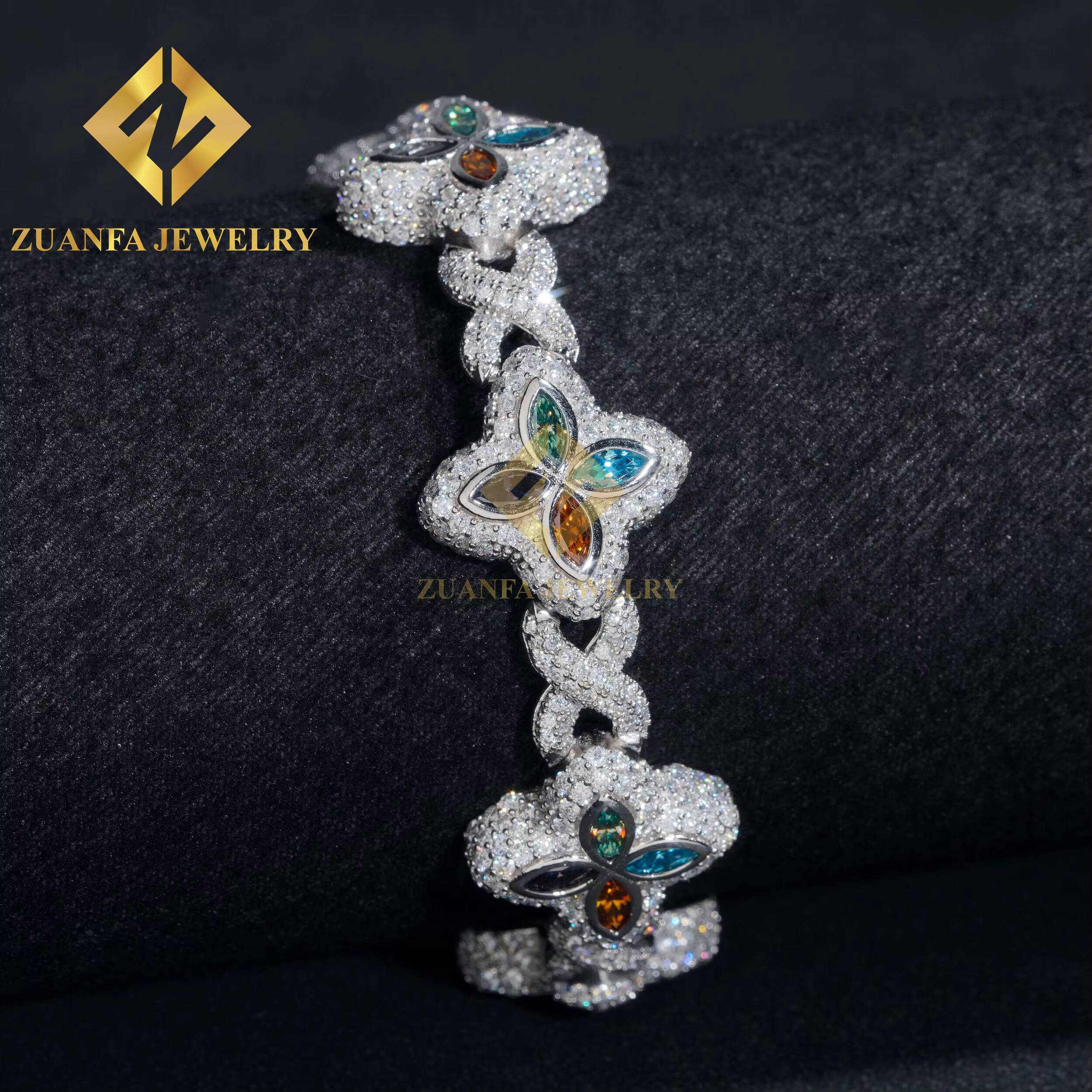 Fine Jewelry Luxury Flower New Fashion Clover Cuban Bracelets Sterling Silver 925 Gold Plated Moissanite Cuban Chains