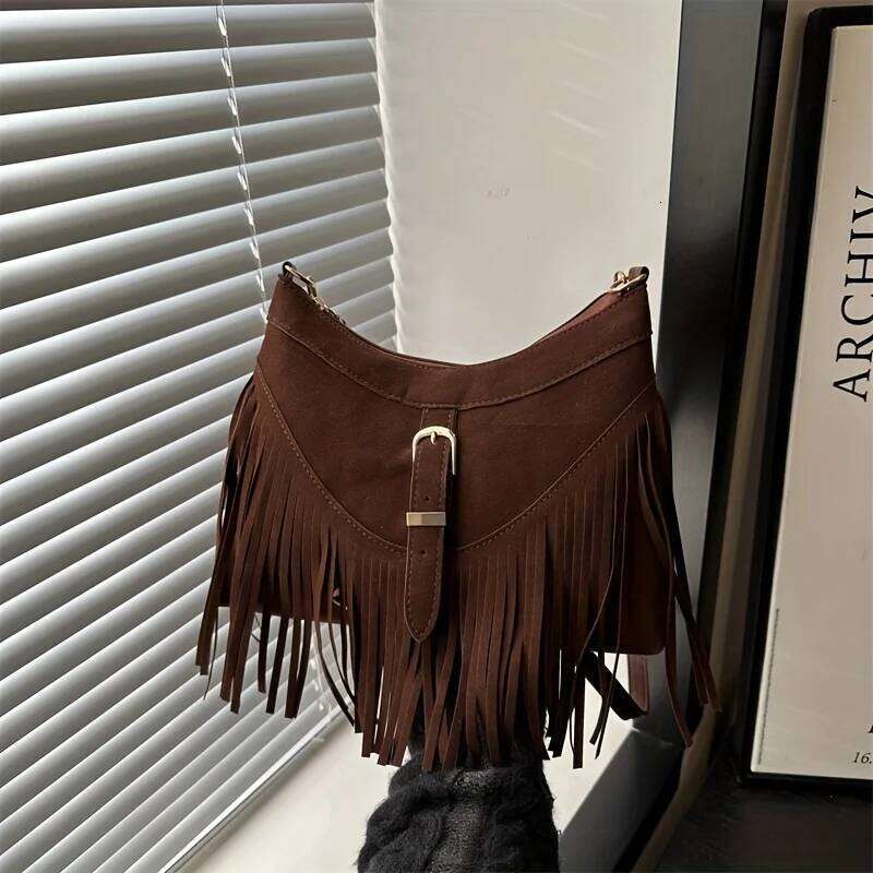 Womens Vintage Tassel Faux Suede Crossbody Adjustable Zipper Closure Detachable Strap Synthetic Shoulder Messenger Bag XJ260129