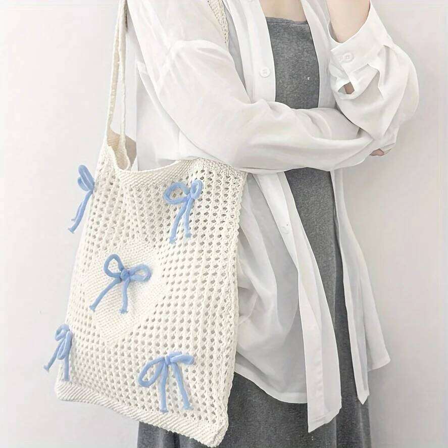 Preppy Style Crochet Tote with Butterfly Accents, Solid Color Polyester Shoulder Bag, Foldable Fashion Beach Bag Y260205
