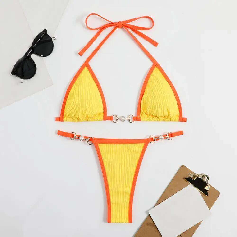 Women Micro Chain Connection Halter Lace-up Briefs Set Bathing Suit Bikini Bra Thong Drawstring Strap Swimsuit Z260206