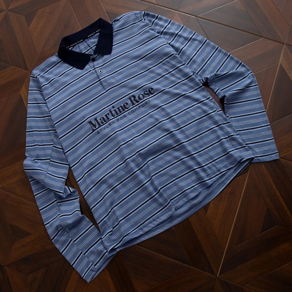 POLO Collar Martine Rose Blue Stripe Long Sleeves T-Shirt Men Women Quality Top T Shirt Tee 260205