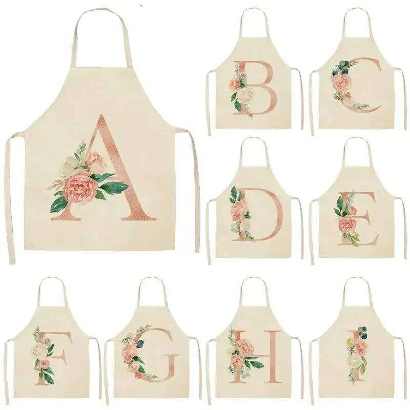 Pink Letter Flower Kitchen Aprons for Women Cotton Linen Bibs Household Cleaning Pinafore Home Cooking Apron S260205