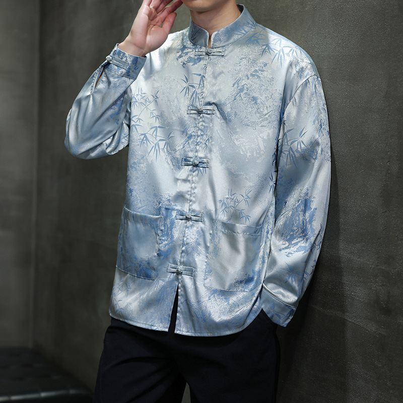 2026 Spring and Autumn New Chinese Style Bamboo Leaf Jacquard Design Shirt Men's Loose Retro Coat Free Shipping