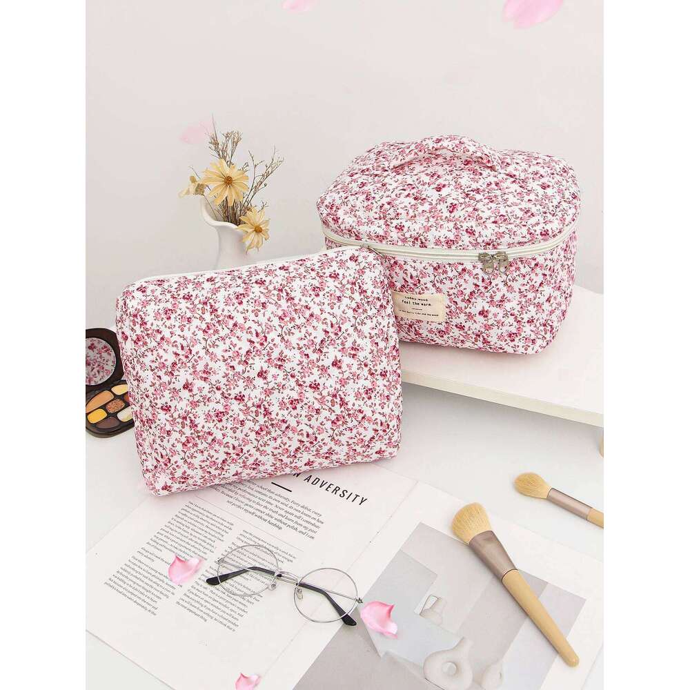 1pc/set Pink Quilted Handheld Makeup Bag, Cute Travel with Large Capacity, Portable Toiletry Bag Set Y260206