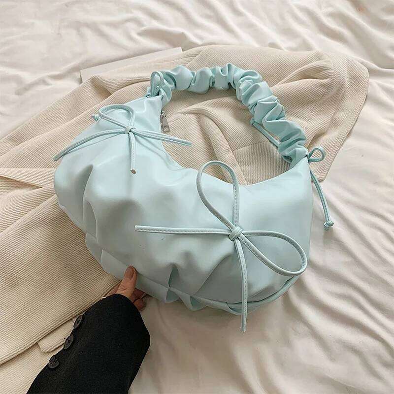 INS Simplicity Korean Sweet Hobo for Student Girl Solid Color Bow Ribbon Shoulder Large Capacity Commuter Storage Bag Y260205