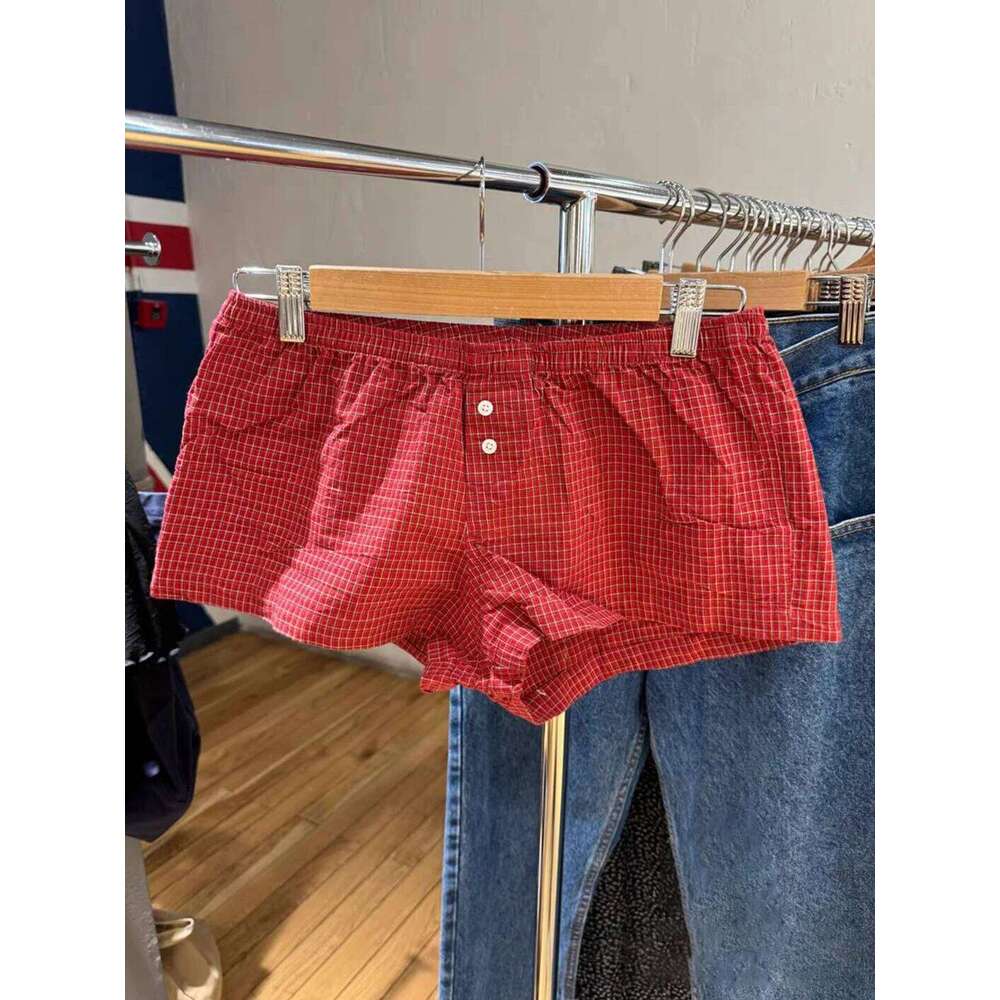 Red Plaid Straigth Shorts Women Summer Elastic Waist Buttons Casual Sweet Short Pant Cotton Y2k Pants Vintage Home Underwear XJ260206