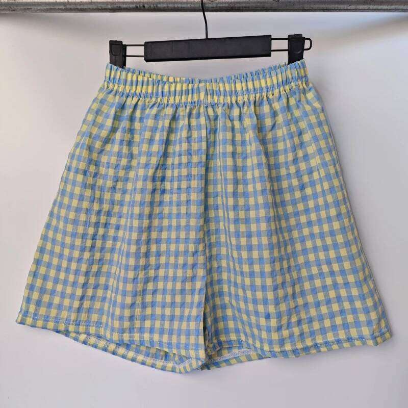 Summer Home Shorts Women's High Waisted Slimming Wide Leg Sports Casual Loose Plaid Pajama Pants XJ260206