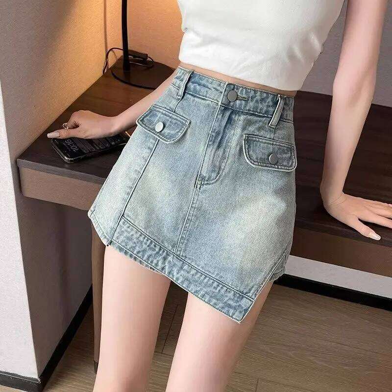Anti-exposure Denim Shorts for Women Summer High-waisted A-line Versatile Wide-leg Short Skirt Pants XJ260206