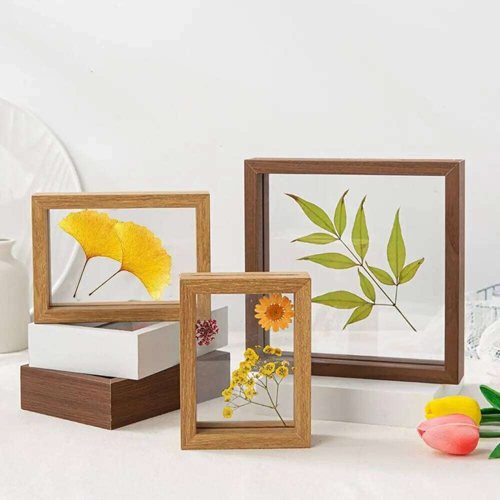 Wooden Glass Leaf Specimen Double-sided Transparent Photo Display Thicked Drawing Artwork Picture Frame S260205