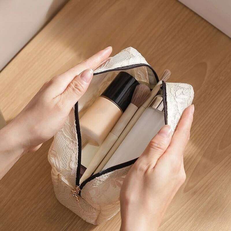 Lace Mesh Women's Makeup Large Capacity Cosmetic and Jewelry Organizer Zipper Square Portable Toiletry Bag Y260206