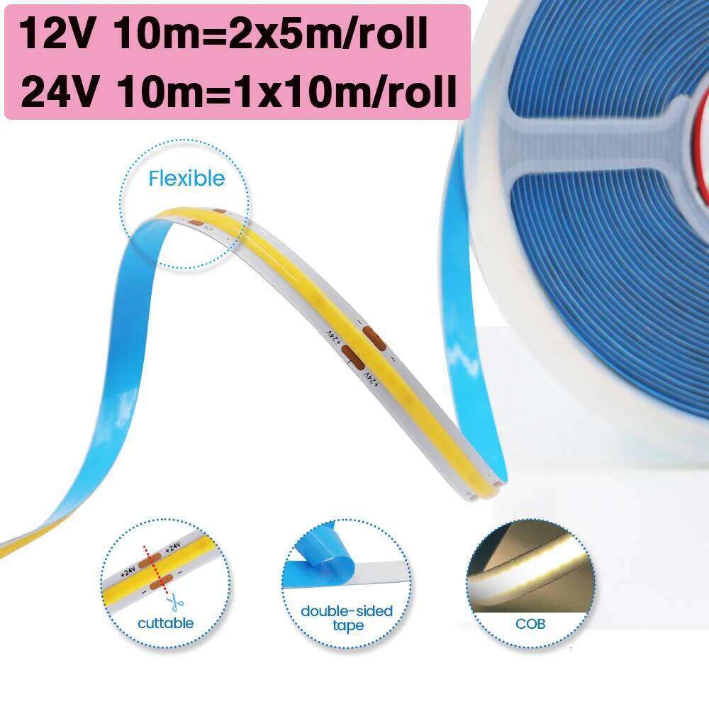 5M 10M/Roll COB Strip DC 12V 24V 320Leds/M 4000K 6000K Warm Natrual White High Density Flexible Ribbon Rope FOB LED Light Z260206