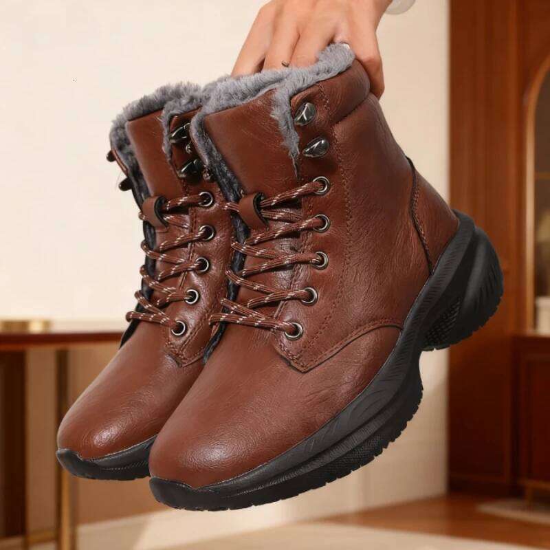 Women's Winter Snow Warm Fleece Lined Leather Ankle Non-Slip Platform Lace-Up Outdoor Hiking Boots for Cold Weather