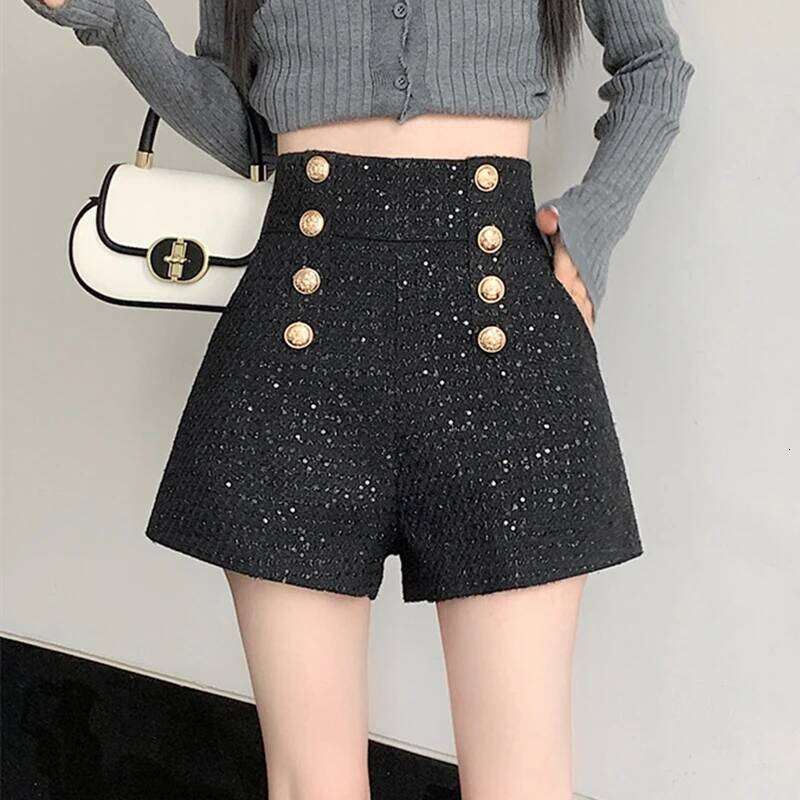 Fashion Streetwear Y2K Winter Women Korean High Waist Cute Sequined Tweed Booty Shorts Loose Wide Leg Short Pants Femme XJ260206