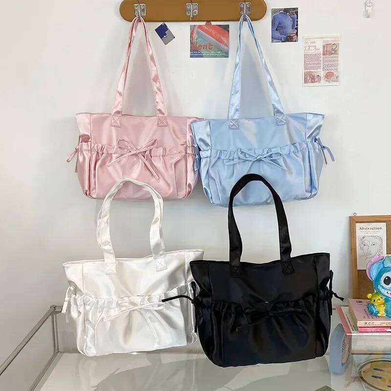 Elegant Bow Womens Shoulder Nylon Pleated Korean Style Fashion Tote Bag Large Capacity Cute Pink Sweet Female Handbag Y260205