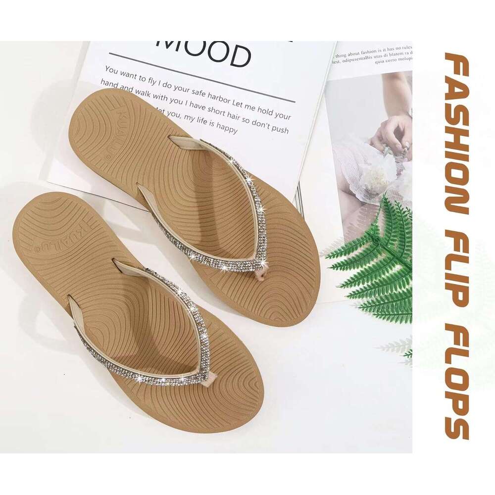 Women's Rhinestone Flip Flops With Comfort Arch Support Yoga Mat Cushion Sandals Fashion Summer Beach Travel Orthotic Walking Thong Sandles Slip 