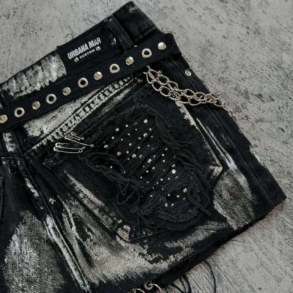 Shorts Women Y2K Harajuku Gothic Hip Hop Retro Washed Rhinestone Sequin Baggy Denim High Waist Slim Mini Short Skirt H260206