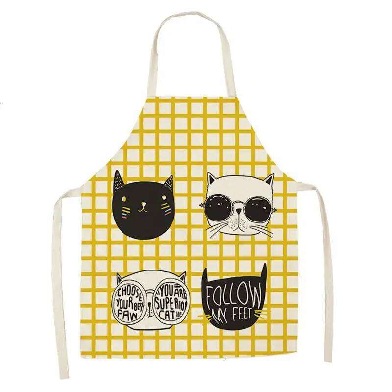 Cartoon Simple Strokes Cat Kitchen Children's Painting Female Sleeveless Cleaning Apron Baking Cooking Accessories S260205