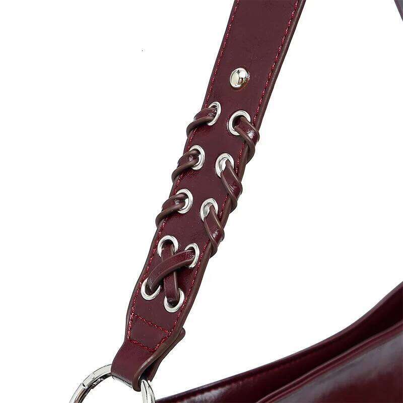 Designer Tassel Rope Strap Metal Studded Shoulder Bag,Vintage Burgundy Women Handbag,Elegant Rivet Commuter Everyday Chic Purse Y260205