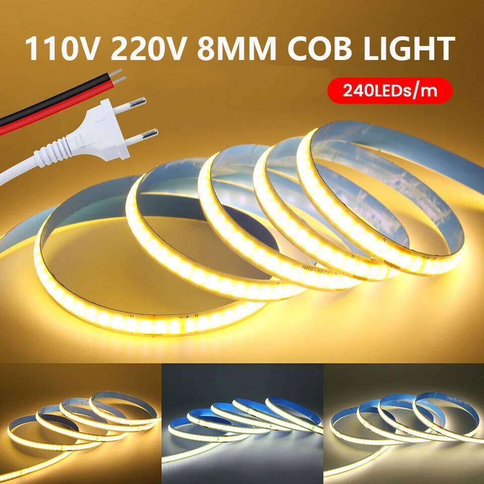 5M 10M 15M 20M 110V 220V COB LED Strip Light Super Bright 240LEDs/M 2PIN Wire Tape Flex Ribbon EU US Plug Room Lighting 8MM PCB Z260206