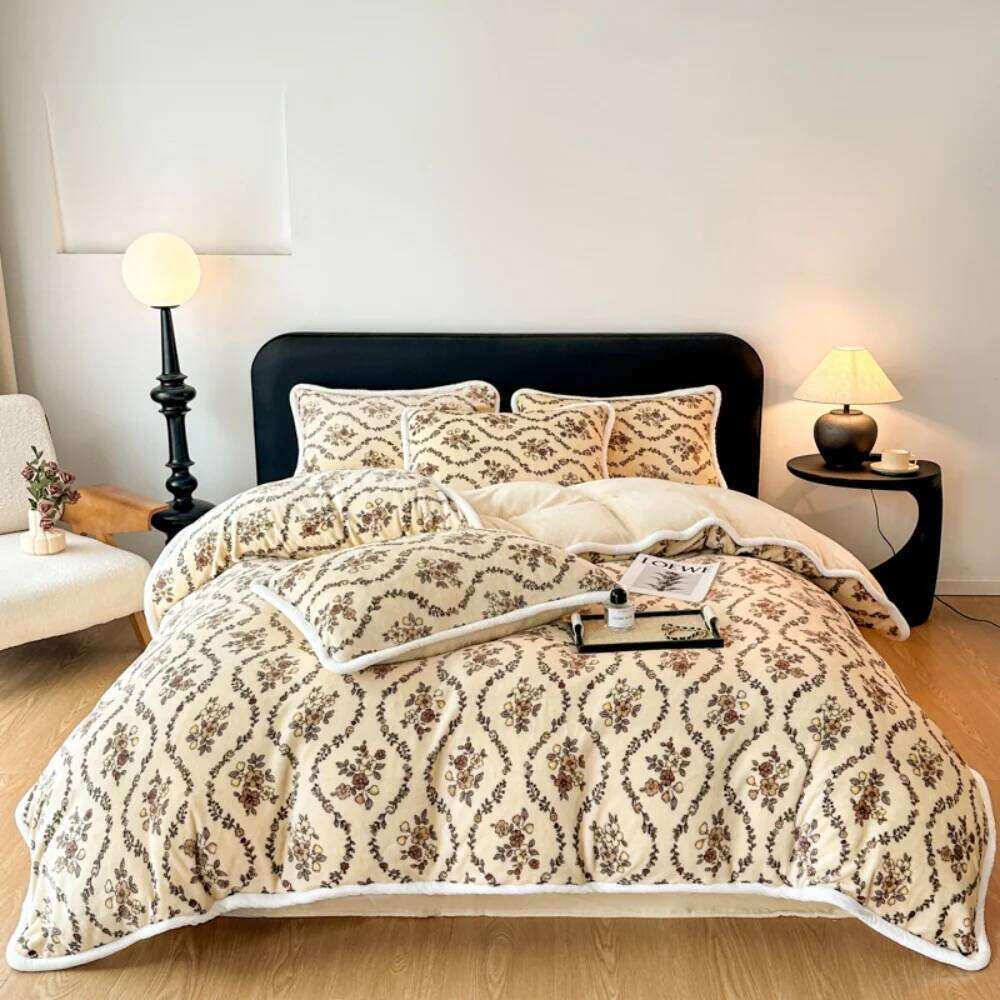 Winter Warm Milk Velvet Bedding Luxury Floral Printed Duvet Cover Pillowcase Bed Sheet Double Queen Thickened Four Piece Set XJ260206