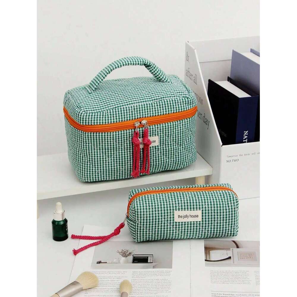 1Pc/Set Plaid Design Green Color with String Cosmetic Organizer Handbag Set For Home, Travel, Vacation And School Use Y260206