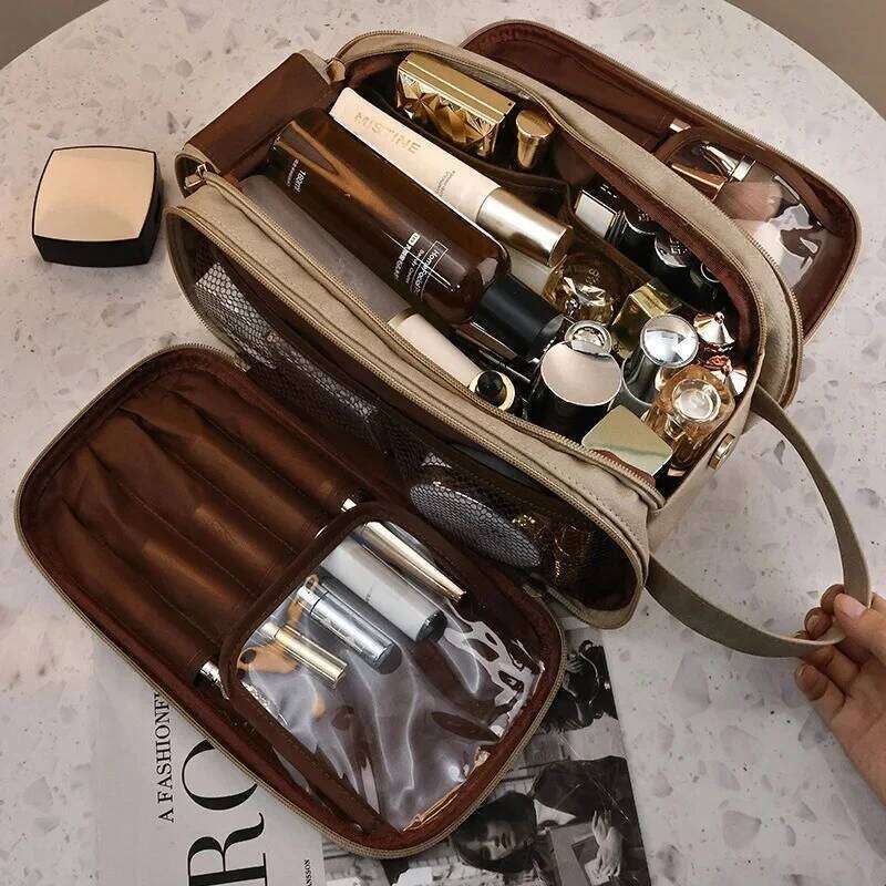 Multifunctional Makeup for Women PU Leather Large Capacity Portable Double Zipper Travel Toiletries Storage Bag Y260206