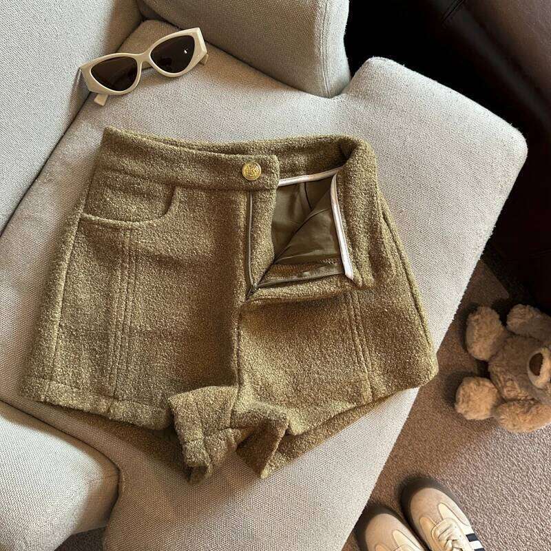 Women's Autumn Winter Wool&blend High Waist Shorts Lady Streetwear Solid Color Boots Short Pants XJ260206