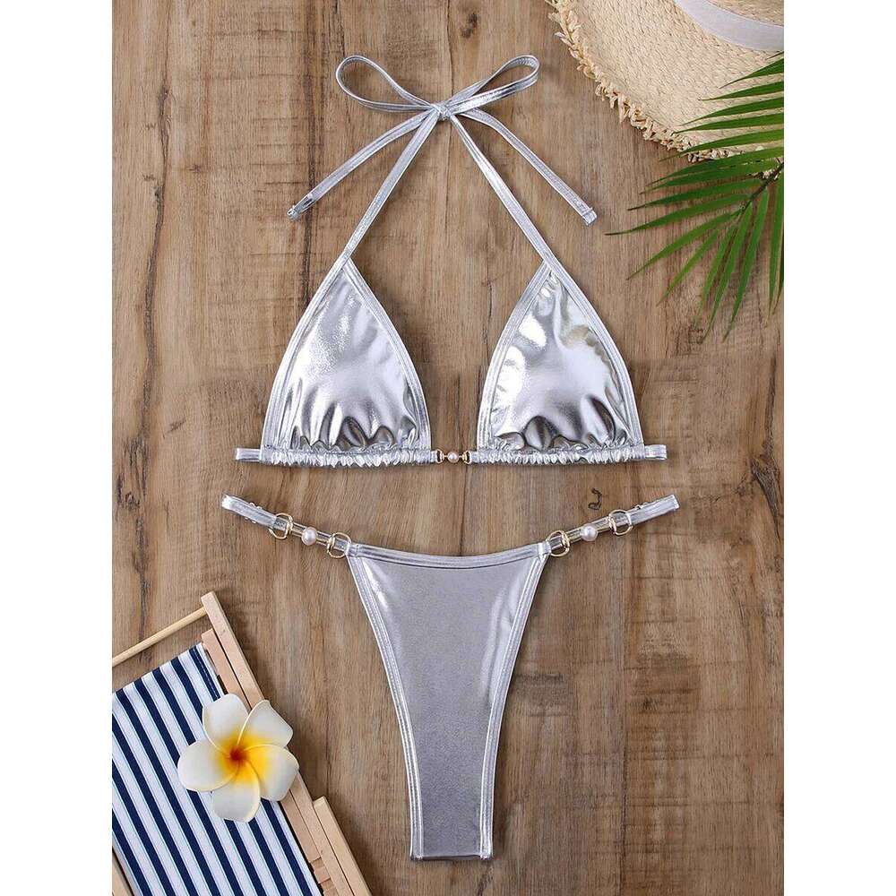Sexy Micro Bikini 2024 Women Swimwear Metallic Halter Triangle Bikinis Sets Thong Swimsuit Female Bathing Suit Brazilian Biquini Z260206