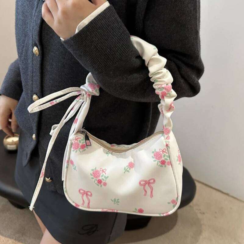 Women's Bags 2026 Summer Canvas Pleated Handbags Armpit Korean Floral Bow Printed Zipper Tote Female Small Shoulder Bag Y260205