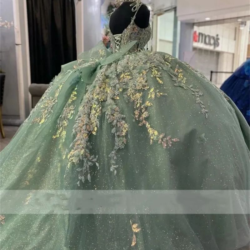 Green Shiny Quinceanera Dresses Ball Gown Off The Shoulder Applique Lace Beading Bow Tull Party Birthday Sweet 16 Dress Vestidos 15 Anos 4F06 B0313